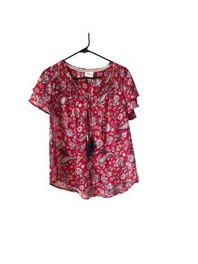Knox Rose Womens Med Red Floral Paisley Short Sleeve Blouse Tassel Tie Boho